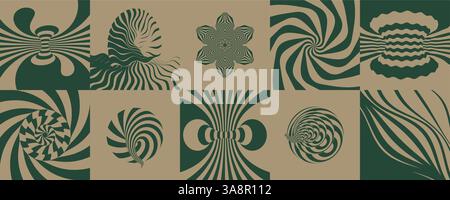 Modèle de conception de couverture. Motif avec illusion d'optique. Mouvement en spirale, rotation et tourbillonnement. Fleur surréaliste. Illustration vectorielle pour brochure, flyer, Illustration de Vecteur