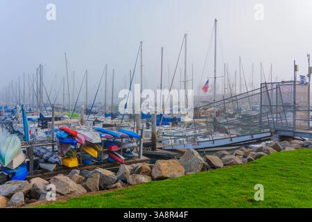 Oceanside, Californie - 3 janvier 2025 : matin brumeux à Oceanside Marina, montrant plusieurs voiliers et kayaks colorés près de la côte, capturin Banque D'Images