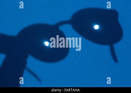Londres, Royaume-Uni. 29 mars 2025. Une éclipse solaire partielle dans l'hémisphère nord, culminant à 11h03 à Londres, est vue ici concentrée sur une table de pique-nique peinte en bleu avec une paire de lunettes de lecture. Projeter sur une surface blanche aurait été trop lumineux car il faut prendre grand soin de ne pas endommager la vue pendant une éclipse. Crédit : Anna Watson/Alamy Live News Banque D'Images