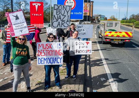 Londres, Royaume-Uni. 29 mars 2025. Dites non à Elon Musk, dites non à la manifestation nazie dans un Showroom Tesla à Londres près de Park Royal. Fait partie de la Journée mondiale d'action #TeslaTakeDown. Crédit : Guy Bell/Alamy Live News Banque D'Images