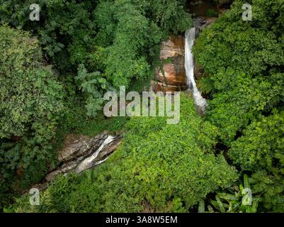 L'image capture la cascade secrète d'Illukpelessa, au Sri Lanka, entourée d'une végétation tropicale dense. L'eau coule sur des rochers accidentés en un tra Banque D'Images