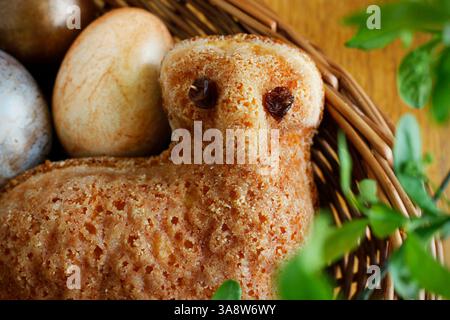Gros plan d'un petit gâteau d'agneau, d'une pâtisserie traditionnelle tchèque sucrée de Pâques et d'œufs peints dans un panier en osier sous des brindilles vertes dans un vase. Banque D'Images