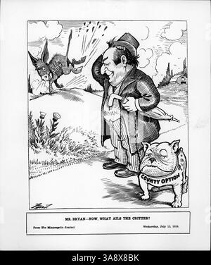 Une caricature politique représentant William Jennings Bryan marchant un bouledogue étiqueté « County option », représentant son effort pour adopter l'initiative et le référendum au Nebraska sur la réglementation des ventes d'alcool. Banque D'Images