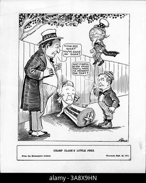Caricature politique représentant champ Clark, avec William Jennings Bryan comme son père, discutant d'une vision humoristique des relations américano-canadiennes et de la question de l'annexion à la suite de l'échec du traité de réciprocité. Banque D'Images
