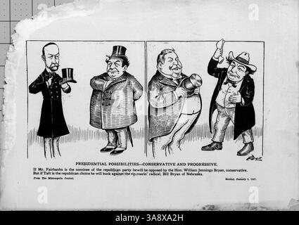 Cette caricature politique intitulée "Presidential Possibilities - Conservative and progressive" contraste les personnalités politiques Charles Fairbanks et William Jennings Bryan, dépeignant leurs idéologies politiques différentes lors des élections américaines. Banque D'Images