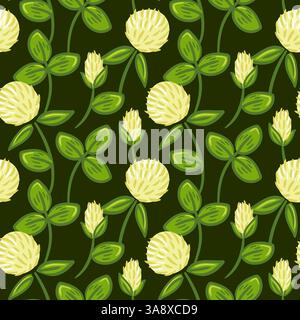 Un motif vectoriel sans couture mettant en vedette le trèfle blanc, mettant en valeur ses grappes uniques de trois feuilles et ses petites fleurs blanches. Le design capture l'essence Illustration de Vecteur
