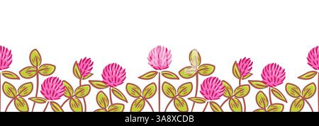 Bordure horizontale ornée de magnifiques fleurs de trèfle rouge entrelacées d'un feuillage vert luxuriant. Cette charmante illustration ajoute une touche vibrante Illustration de Vecteur