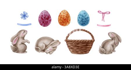 Ensemble aquarelle d'illustrations dessinées à la main avec des oeufs colorés de lapins et panier tissé Banque D'Images