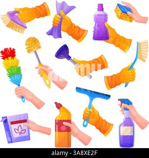 Mains tenant des outils de nettoyage. Les gants de la main contiennent les fournitures de détergent pour la surface propre, brosse à récurer éponge essuie-glace de fenêtre chiffon pulvérisé ou chiffon à plumeau, illustration vectorielle bien rangée illustration originale Illustration de Vecteur