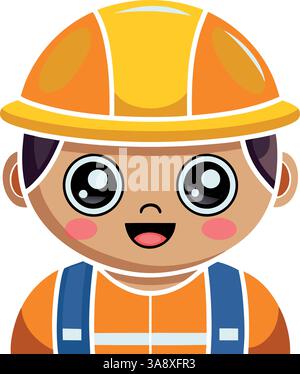 Heureux travailleur de la construction portant un casque jaune et des combinaisons bleues dans le style de dessin animé. Illustration de Vecteur