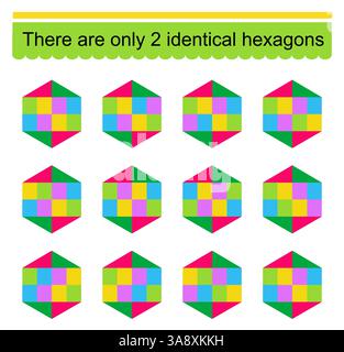 Jeu de puzzle amusant. Besoin de trouver deux hexagones identiques. Tâche pour le développement de l'attention et de la logique. Illustration vectorielle. Illustration de Vecteur