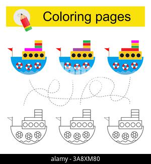 Jeu éducatif pour les enfants. Traversez le labyrinthe et coloriez un vaisseau de dessin animé selon le motif. Illustration vectorielle. Illustration de Vecteur