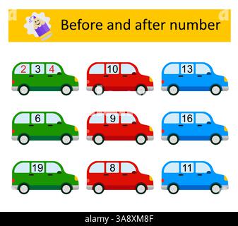 Ce qui vient avant et après. Feuilles de calcul mathématique pour les enfants. Illustration vectorielle. Illustration de Vecteur