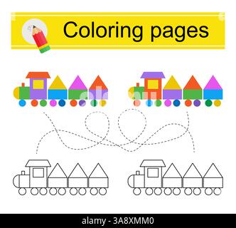 Jeu éducatif pour les enfants. Traversez le labyrinthe et coloriez un train de dessins animés selon le motif. Illustration vectorielle. Illustration de Vecteur