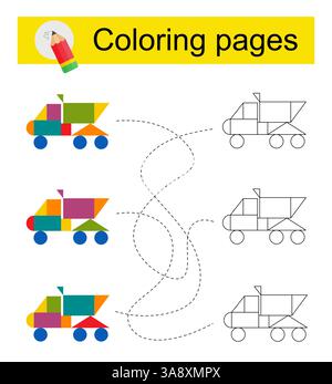 Jeu éducatif pour les enfants. Traversez le labyrinthe et coloriez un camion à benne basculante de dessin animé selon le modèle. Illustration vectorielle. Illustration de Vecteur