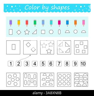 Coloriage. Couleur par formes. Apprenez des nombres avec des formes géométriques. Illustration vectorielle pour l'éducation des enfants. Conception plate. Illustration de Vecteur
