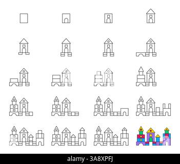 Comment dessiner étape par étape ? Feuille de travail Guide facile pour dessiner palais de dessin animé. Développer les compétences des enfants pour le dessin et la coloration. Illustration vectorielle. Illustration de Vecteur