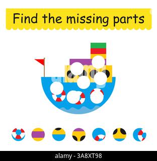 Jeu pour enfants. Navire de dessin animé mignon. Trouvez les pièces manquantes. Illustration vectorielle. Illustration de Vecteur