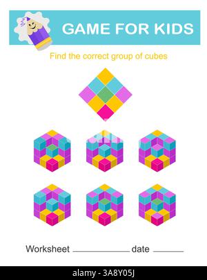 Trouvez le bon groupe de cubes. Jeu logique. Tâches d'attention pour les enfants. Feuille de travail imprimable. Illustration de Vecteur