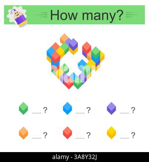 Jeu de mathématiques éducatif pour les enfants. Comptez combien de rouges, jaunes, bleus, verts, cubes. Feuille de travail. Illustration vectorielle. Illustration de Vecteur