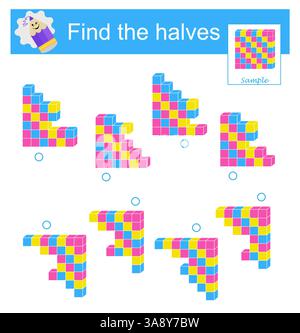 Puzzle logique. Trouvez les moitiés de cubes. Matériel éducatif pour enfants. Illustration vectorielle. Illustration de Vecteur