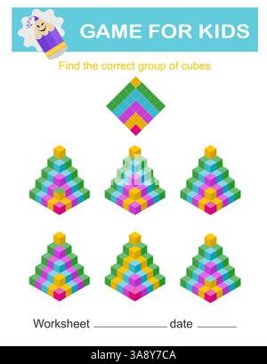 Trouvez le bon groupe de cubes. Jeu logique. Tâches d'attention pour les enfants. Feuille de travail imprimable. Illustration de Vecteur