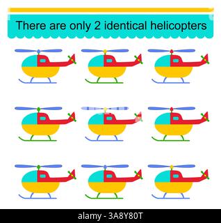 Jeu de puzzle amusant pour les enfants. Besoin de trouver deux hélicoptères identiques. Tâche pour le développement de l'attention et de la logique. Illustration vectorielle. Illustration de Vecteur