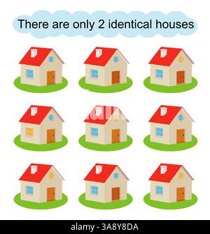Jeu de puzzle amusant pour les enfants. Besoin de trouver 2 maisons identiques. Tâche pour le développement de l'attention et de la logique. Illustration vectorielle. Illustration de Vecteur
