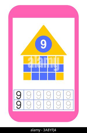 Matériel éducatif pour enfants. Activité de feuille de travail préscolaire. Feuille de travail pour les numéros de formation. Numéro 9. Illustration de Vecteur