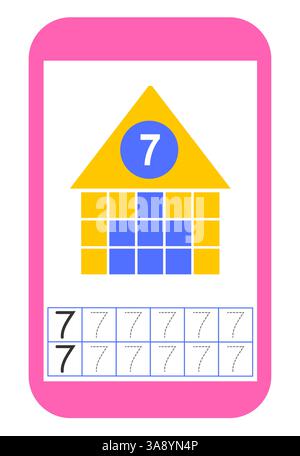 Matériel éducatif pour enfants. Activité de feuille de travail préscolaire. Feuille de travail pour les numéros de formation. Numéro 7. Illustration de Vecteur