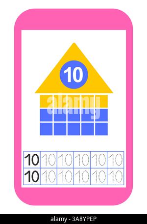 Matériel éducatif pour enfants. Activité de feuille de travail préscolaire. Feuille de travail pour les numéros de formation. Numéro 10. Illustration de Vecteur