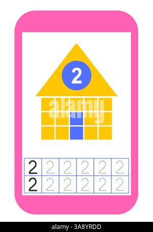 Matériel éducatif pour enfants. Activité de feuille de travail préscolaire. Feuille de travail pour les numéros de formation. Numéro 2. Illustration de Vecteur