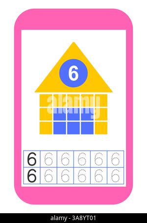 Matériel éducatif pour enfants. Activité de feuille de travail préscolaire. Feuille de travail pour les numéros de formation. Numéro 6. Illustration de Vecteur