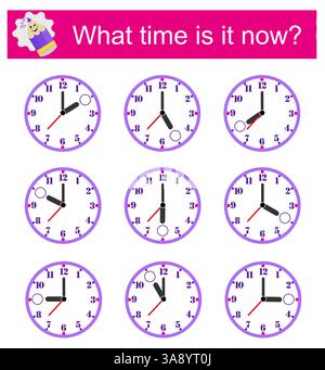 Quelle heure est-il maintenant ? Jeu éducatif pour les enfants. Activité de feuille de travail préscolaire. Feuille de travail imprimable. Illustration de Vecteur