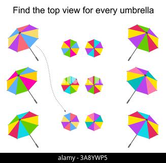 Jeu éducatif amusant pour les enfants. Besoin de trouver la vue de dessus pour chaque parapluie. Illustration vectorielle. Illustration de Vecteur