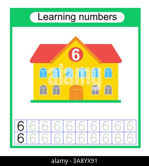 Activité de feuille de travail préscolaire. Traçage de lignes pointillées. Des feuilles de calcul de numéros pour que les enfants s'entraînent à écrire les chiffres. Numéro 6. Illustration vectorielle. Illustration de Vecteur