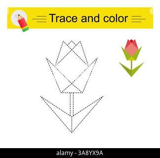 Trace et couleur pour les enfants. Feuille de travail préscolaire pour pratiquer la motricité fine. Fleur rouge de dessin animé. Conception plate. Illustration de Vecteur