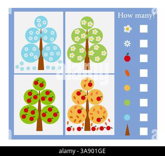Activité mathématique pour les enfants. Combien y en a-t-il ? Développer les compétences en numératie. Apprenez les saisons. Illustration vectorielle. Illustration de Vecteur
