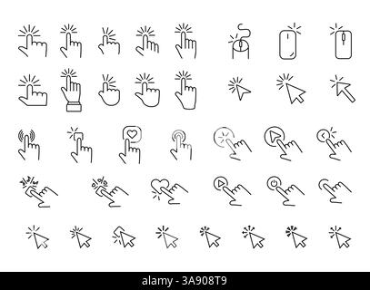 En cliquant sur les icônes. Cliquez sur mains définies. Cliquer sur les symboles d'icône de flèches. Collection de signes curseurs. Icônes de souris d'ordinateur. Contour modifiable. Illustration de Vecteur