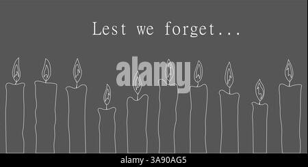 De peur que nous n'oubliions. Affiche du jour du souvenir. Bougies sur une bannière grise de souvenir. Illustration de Vecteur