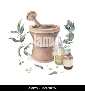 Branches d'eucalyptus avec feuilles, mortier et pilon en bois, bouteilles en verre d'aquarelle d'huile essentielle isolées sur blanc. Illustration botanique de Medi Banque D'Images