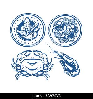 Illustration d'art de ligne bleue de vecteur de fruits de mer, crabe, crevettes et pâtes de fruits de mer. Illustration vectorielle de doodle Illustration de Vecteur