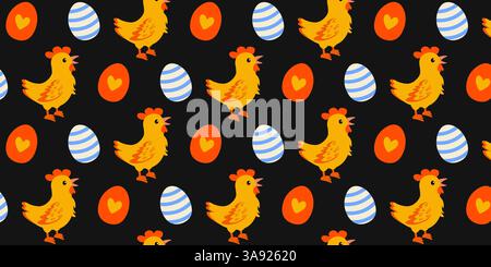 Motif coloré avec des poulets et des œufs sur un fond sombre Illustration de Vecteur
