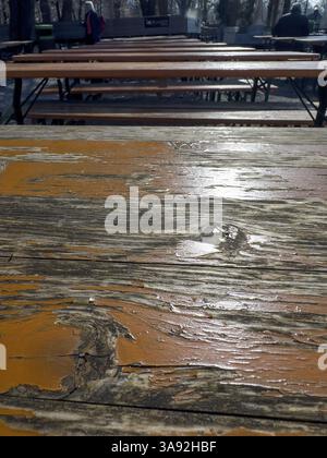 Table de jardin de bière altérée, derrière elle visiteurs de jardin de bière, Kleinhesseloher See, Munich, Bavière, Allemagne, Europe Banque D'Images