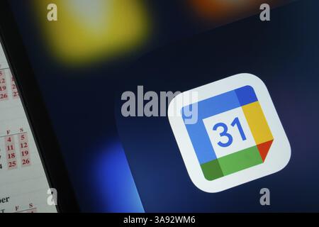 Gros plan de l'écran d'un iPad affichant l'application Google Agenda Banque D'Images