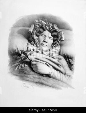 1838 , LODI , ITALIE : la peintre, musicienne et éducatrice italo-britannique MARIA Luisa Caterina Cecilia COSWAY ( Hadfield , 1760 - 1838 ), sur son lit de mort le 3 février 1838, âgée, à Lodi où elle avait vécu pendant de nombreuses années et avait également ouvert une école de peinture . Portrait par le peintre et graveur italien PIETRO ROTTINI . - PORTRAIT - RITRATTO - ARTE - ART - PITTORE - PITTRICE - Roccocò - HISTOIRE - FOTO STORICHE - collana - collier - colletto di pizzo - collier dentelle - INCISIONE - ILLUSTRAZIONE - INCISIONE - Romanticismo - TURBAN - turbante - parrucca - perruque - MUSICA BAROCCA - MUSI Banque D'Images