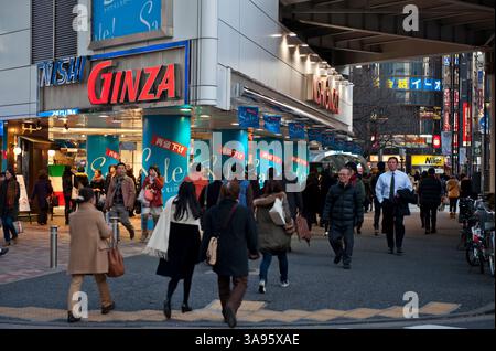 Le centre commercial Nishi Ginza est coincé sous une autoroute surélevée entre les quartiers de Ginza et Yurakucho du centre-ville de Tokyo, au Japon. Banque D'Images
