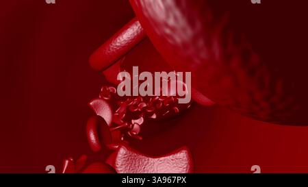 La drépanocytose se déplace à l'intérieur de la veine artérielle d'un vaisseau sanguin rendu 3D. Banque D'Images