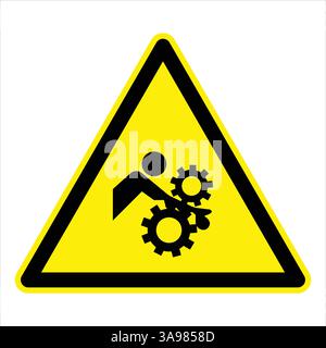 Panneau d'avertissement de danger jaune et noir montrant des engrenages en rotation et une figure humaine, représentant un danger de pièces mobiles de la machine Illustration de Vecteur