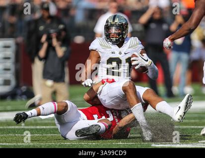 21 octobre 2017 : Anthony Mahoungou (21 ans), receveur de Purdue Boilermakers, est affronté par Olakunle Fatukasi (3 ans), linebacker des Rutgers Scarlet Knights, lors d'un match de football de la NCAA entre les Purdue Boilermakers et les Rutgers Scarlet Knights au stade High point solutions de Piscataway, NJ Mike Langish/Cal Sport Media. (Image de crédit : &copy ; Mike Langish/CSM via ZUMA Wire) Banque D'Images